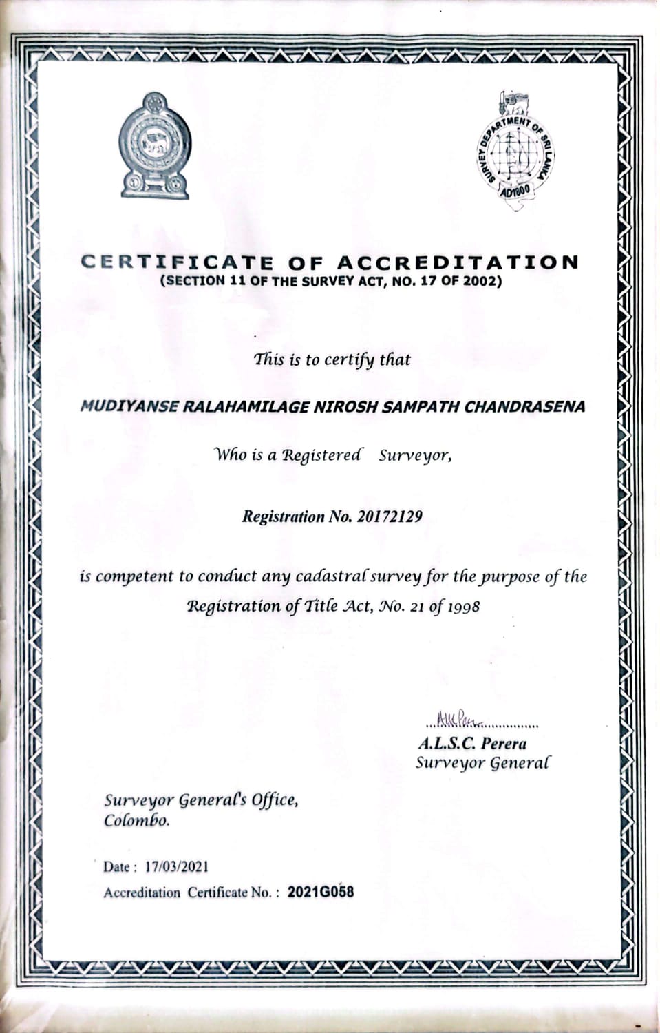 Certificate of Cadastral Survey Accreditation
